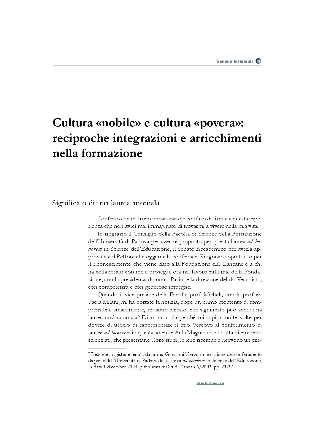 Cultura "nobile" e cultura "povera": reciproche integrazioni e arricchimenti nella formazione