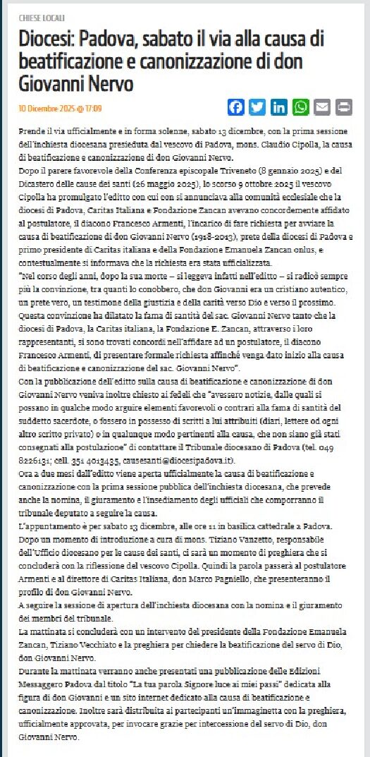 Padova, sabato il via alla causa di beatificazione e canonizzazione di don Giovanni Nervo