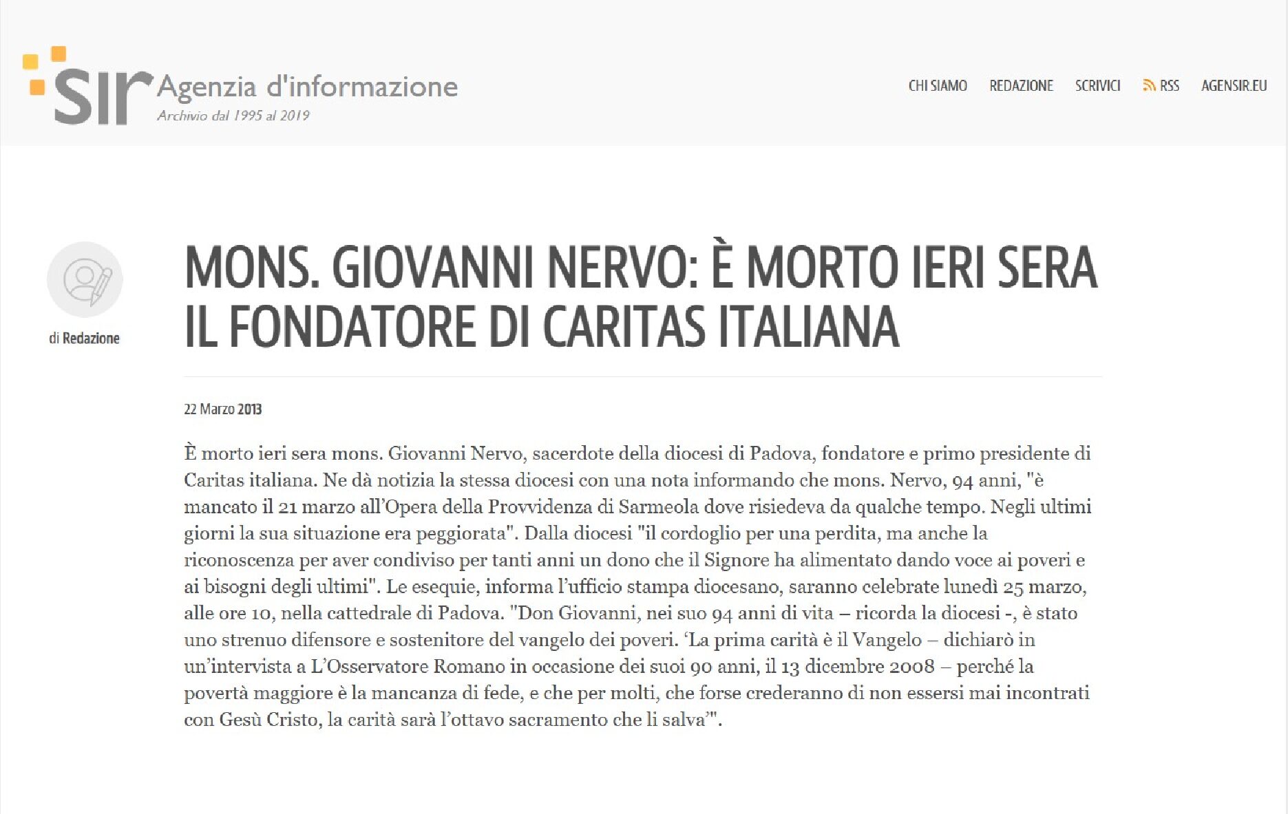 Mons. Giovanni Nervo: è morto ieri sera il fondatore di Caritas Italiana