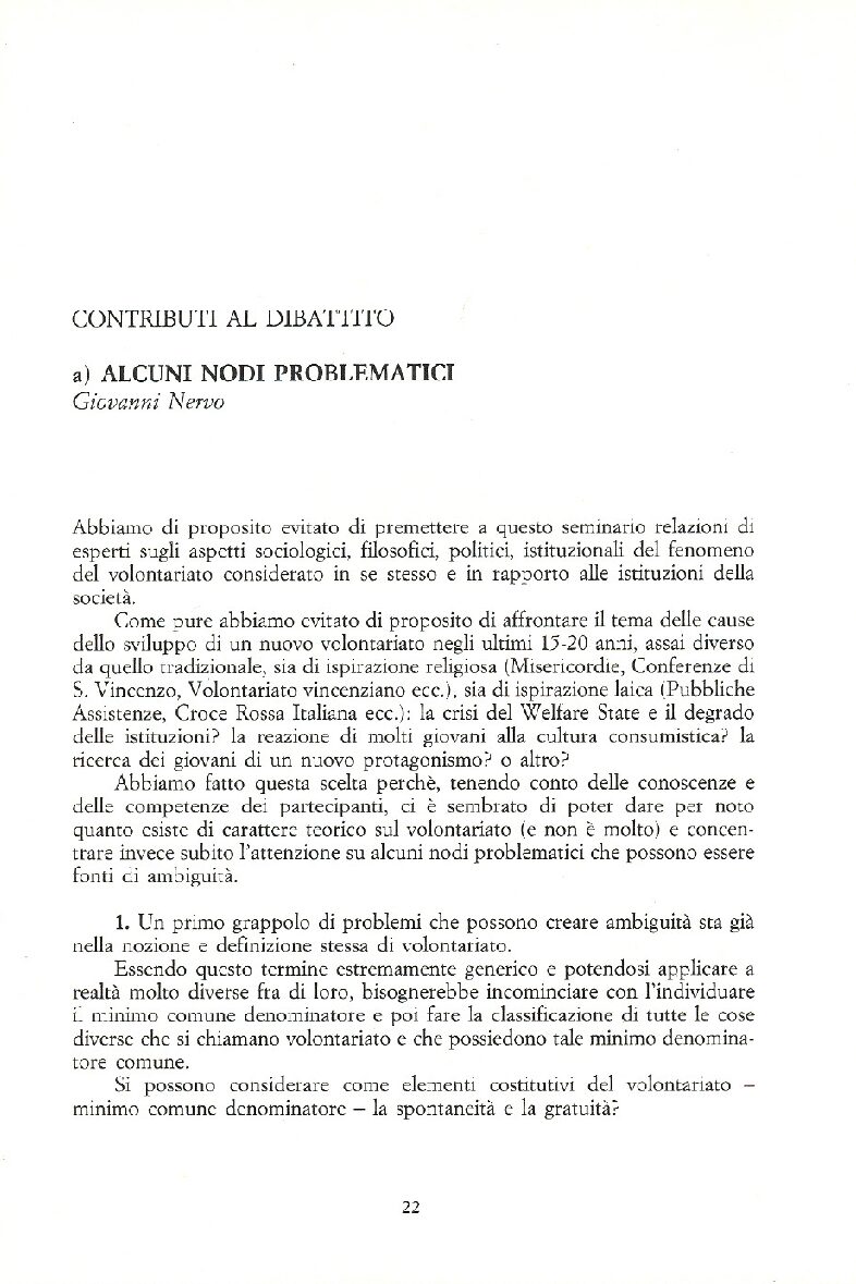 L'area del volontariato organizzato oggi. Alcuni nodi problematici