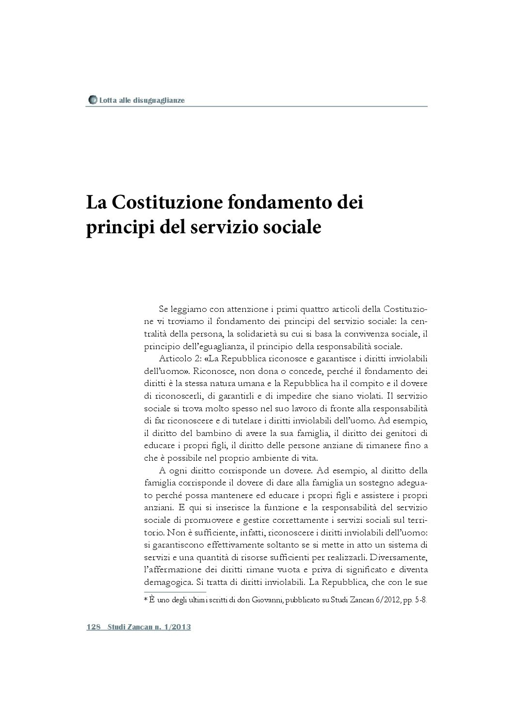 La Costituzione fondamento dei principi del servizio sociale