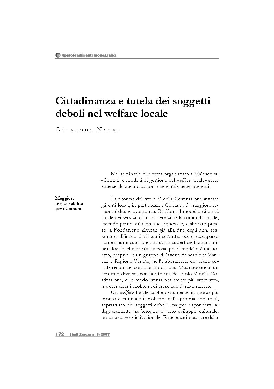 Cittadinanza e tutela dei soggetti deboli nel welfare locale