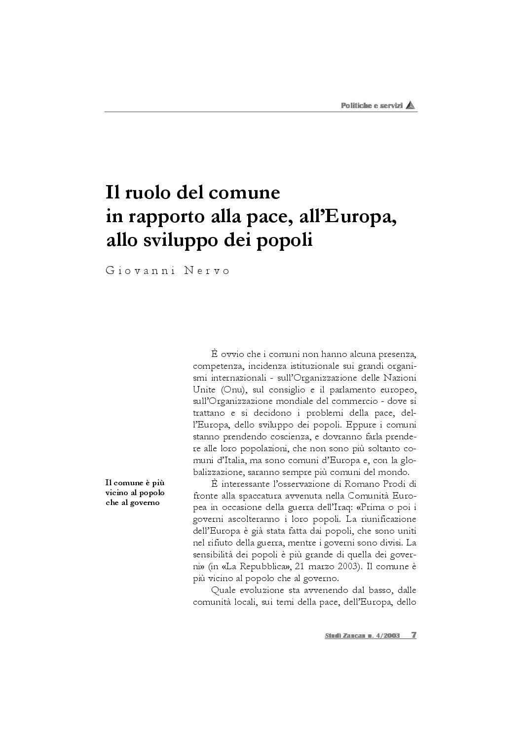 Il ruolo del comune in rapporto alla pace, all’Europa, allo sviluppo dei popoli