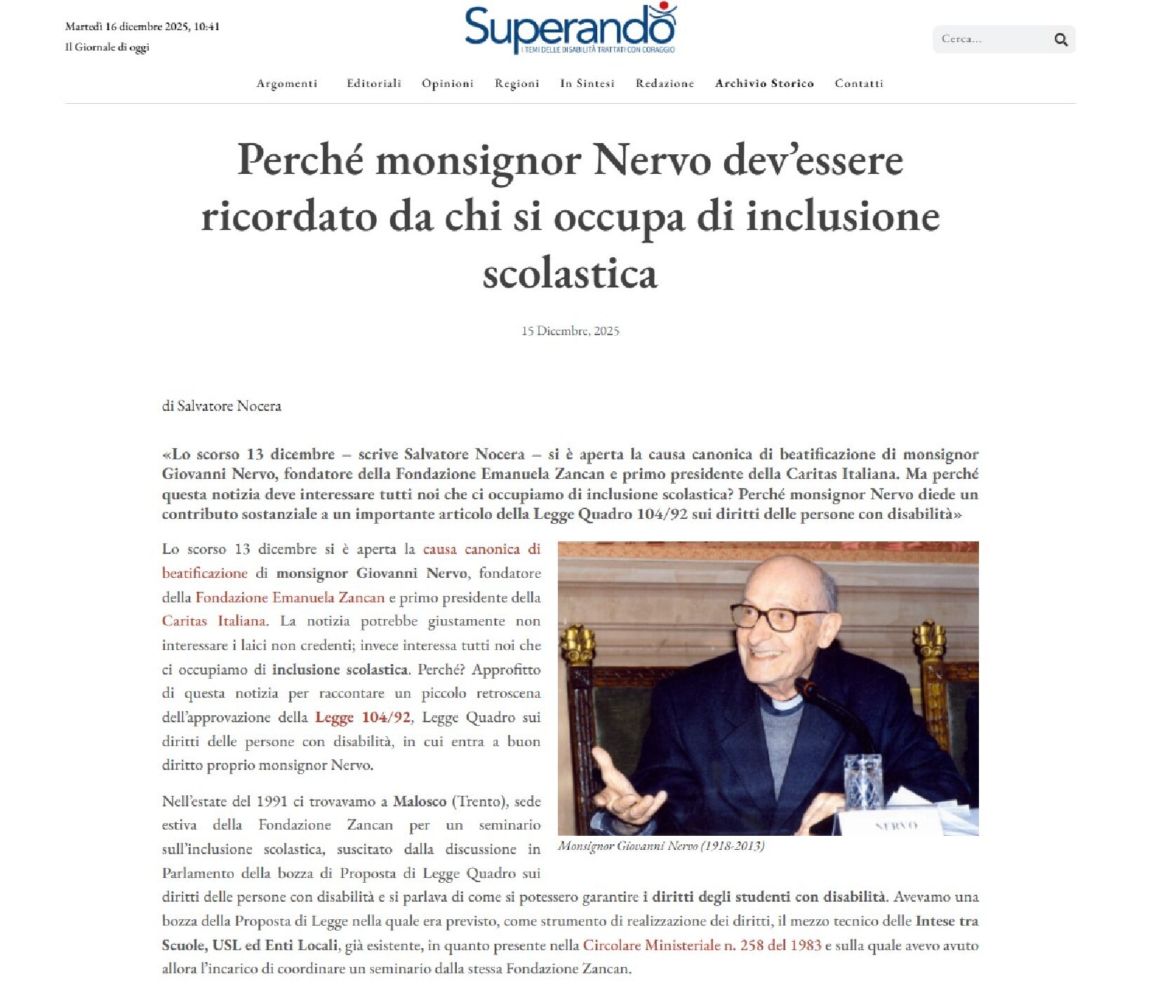 Perché monsignor Nervo dev'essere ricordato da chi si occupa di inclusione scolastica